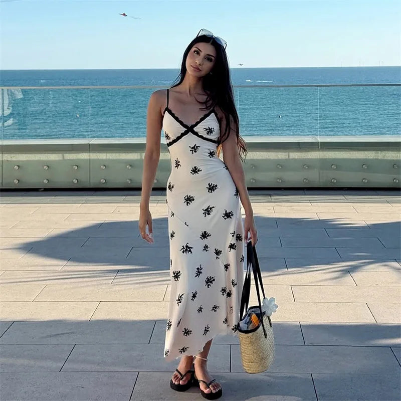 Patchwork Lace Midi Dress With Halter Neck And Backless Silhouette
