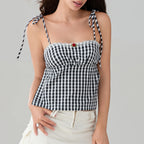 Sweet Open Back Camisole With Shirred Tie Up Spaghetti Straps Lace Trim And Square Neck