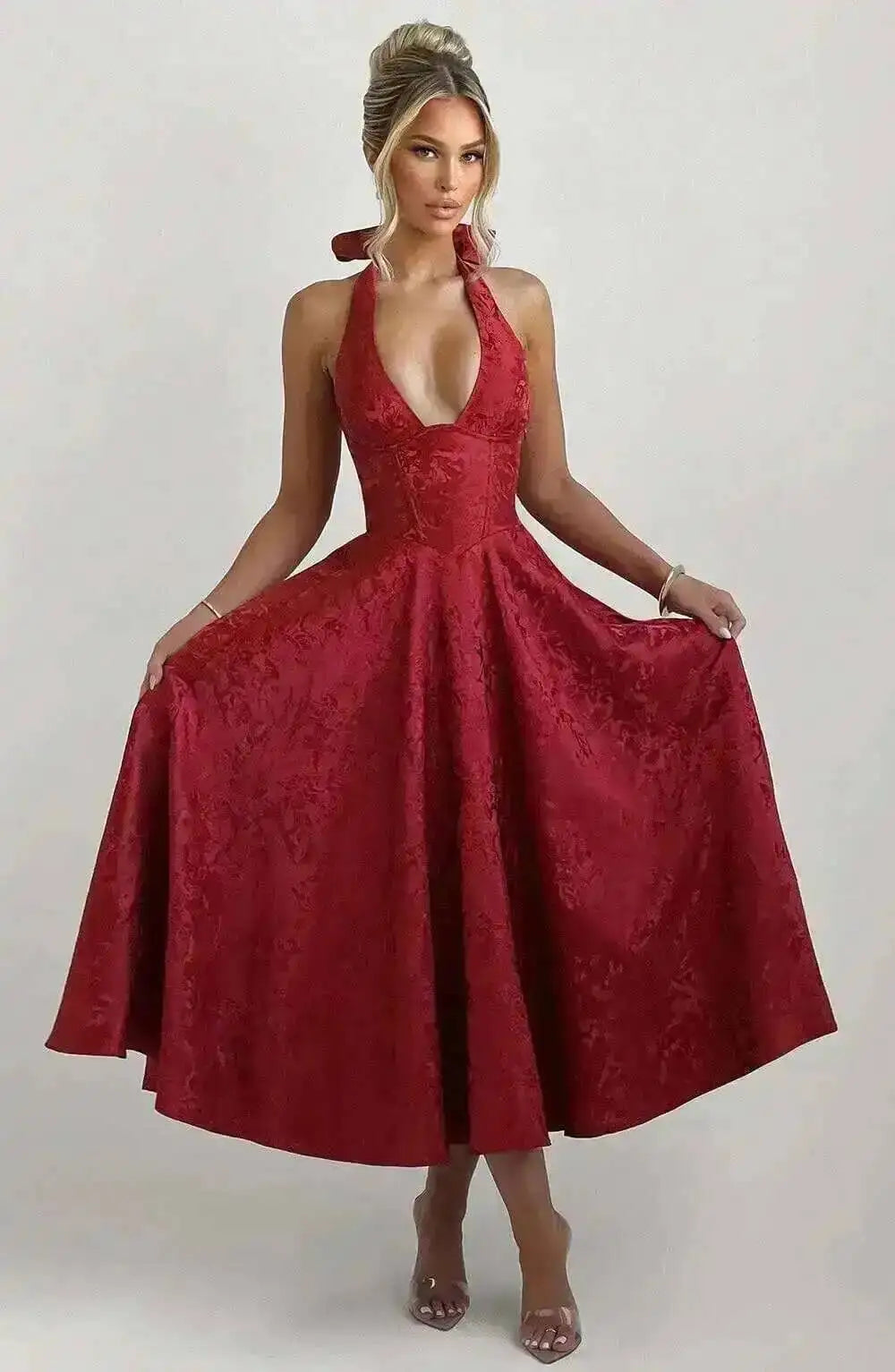 Backless Halter Evening Dress With Lace Jacquard For Elegant Special Occasions