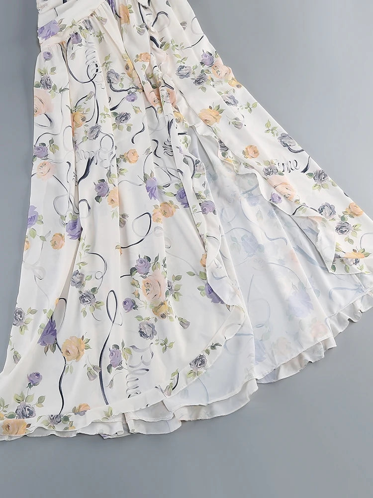 Flirty Floral Printed Off Shoulder Maxi Dress With Backless Detail And Ruffles