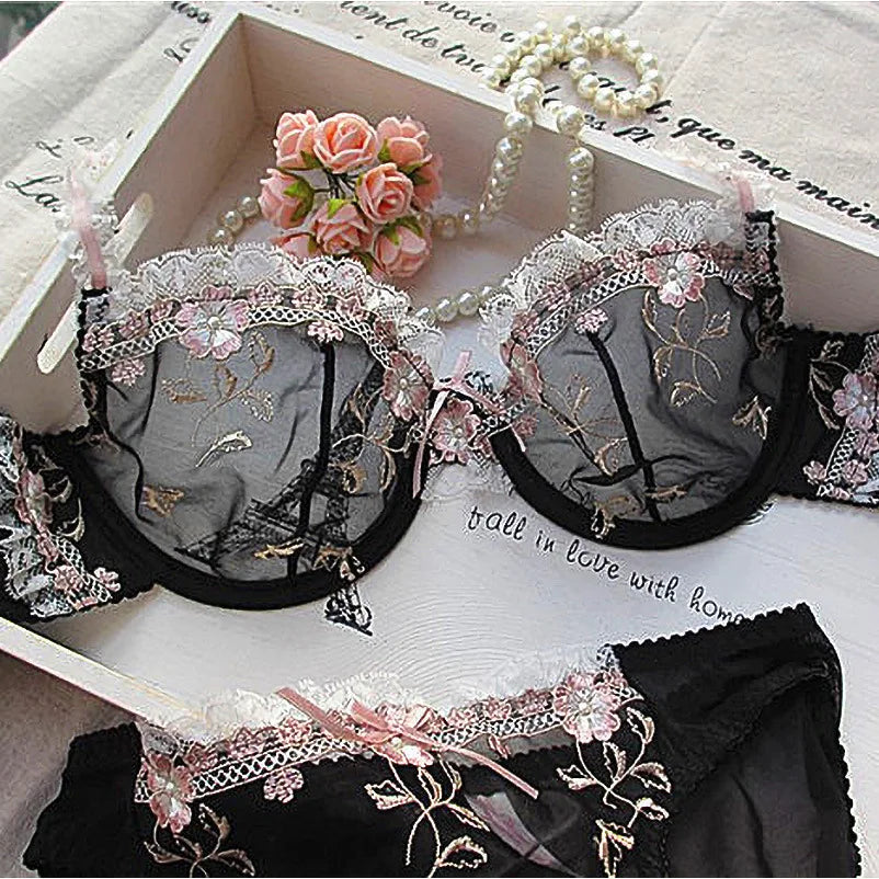 Lace Set With Embroidered Details Two-piece Sheer Push Up Bra And Matching Briefs