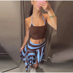 Striped Midi Skirt With Asymmetric Pleated Hem For Women Casual Style Flattering Low Rise