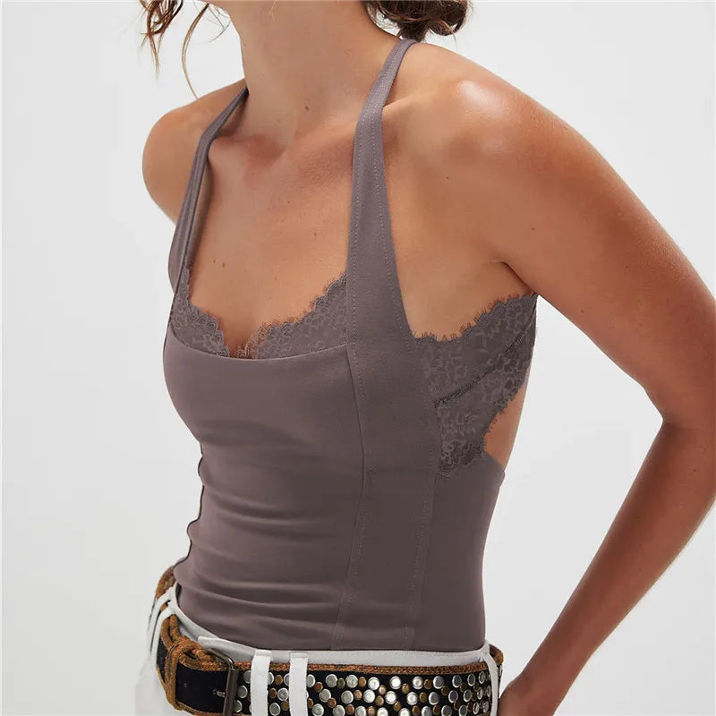 Vintage Y2K Lace Trim Halter Women Sleeveless Backless Camisole Slim Fit Crop Tank Top