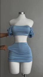 Alluring Two Piece Set With Wrapped Hip Skirt And Hollowed Pleated Puff Sleeves