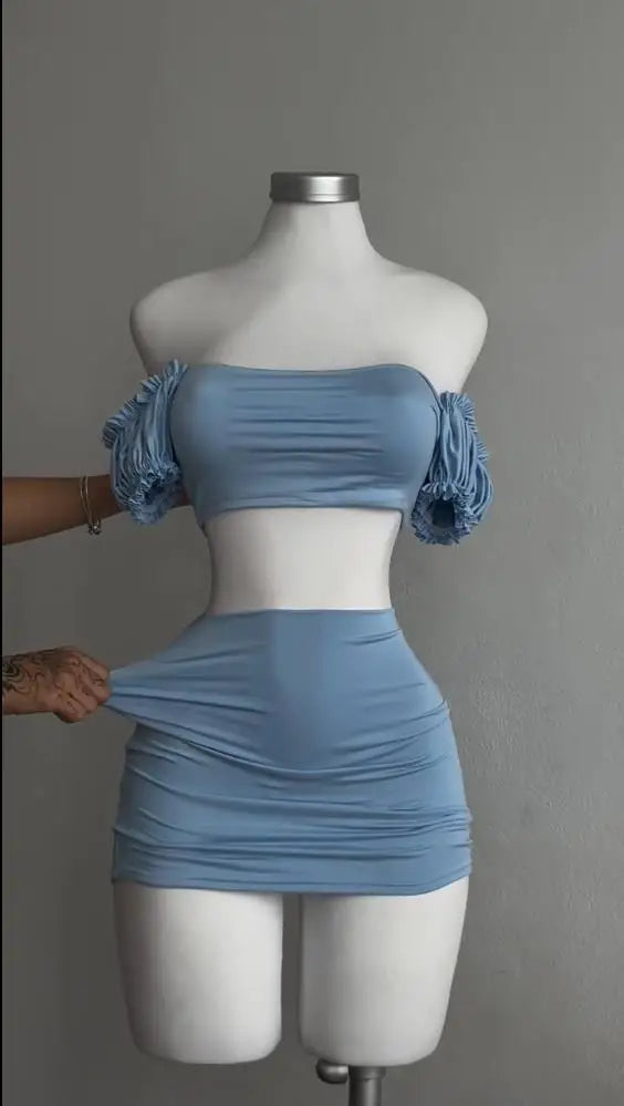 Alluring Two Piece Set With Wrapped Hip Skirt And Hollowed Pleated Puff Sleeves