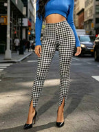 Black And White Plaid Leggings For Women High Waist Slim Fit Ankle Slit