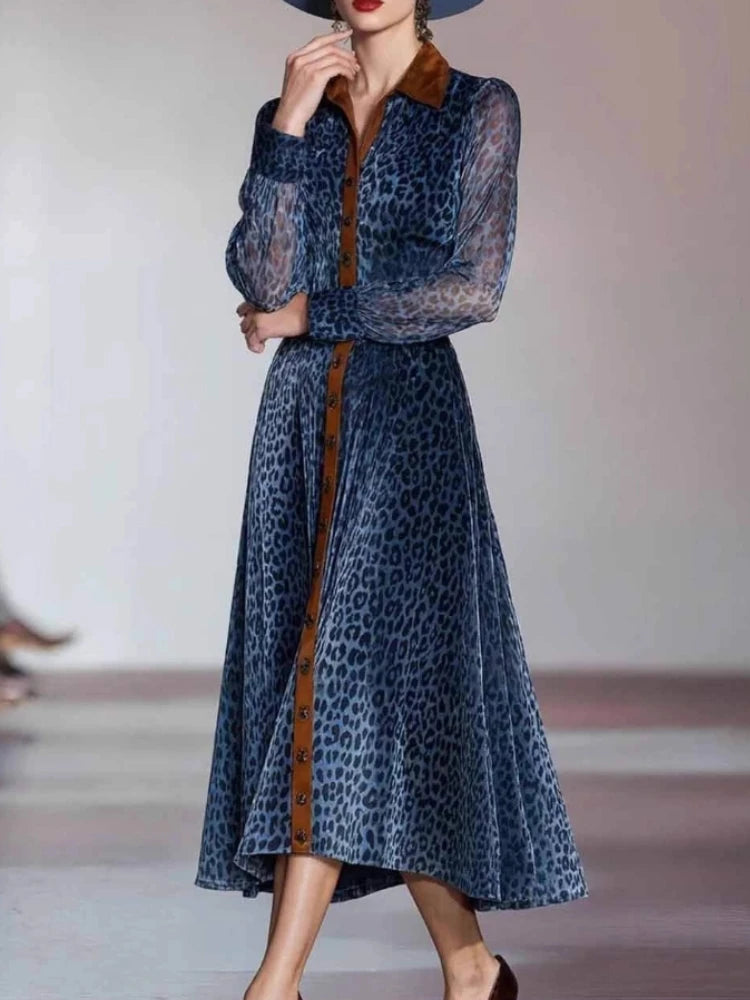 Leopard Print Mesh Dress With Colorblock Panels Elegant Vintage Long Sleeve