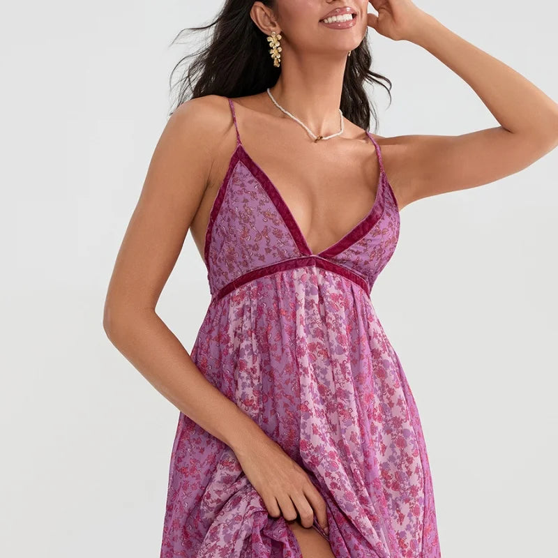 Women's Boho Chiffon Floral Print Long Strap Backless Maxi Dress