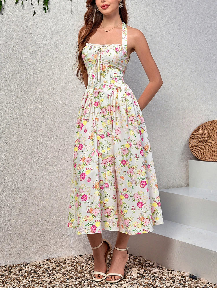 Floral Halter Midi Dress With Spaghetti Straps, Backless Corset Waist Tie Up Detail