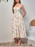 Floral Halter Midi Dress With Spaghetti Straps, Backless Corset Waist Tie Up Detail