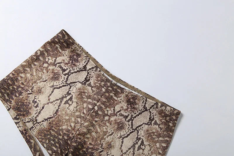 Snake Print Halter Backless Crop Top and Shorts Set Plunge Neck Bodycon Two Piece Clubwear