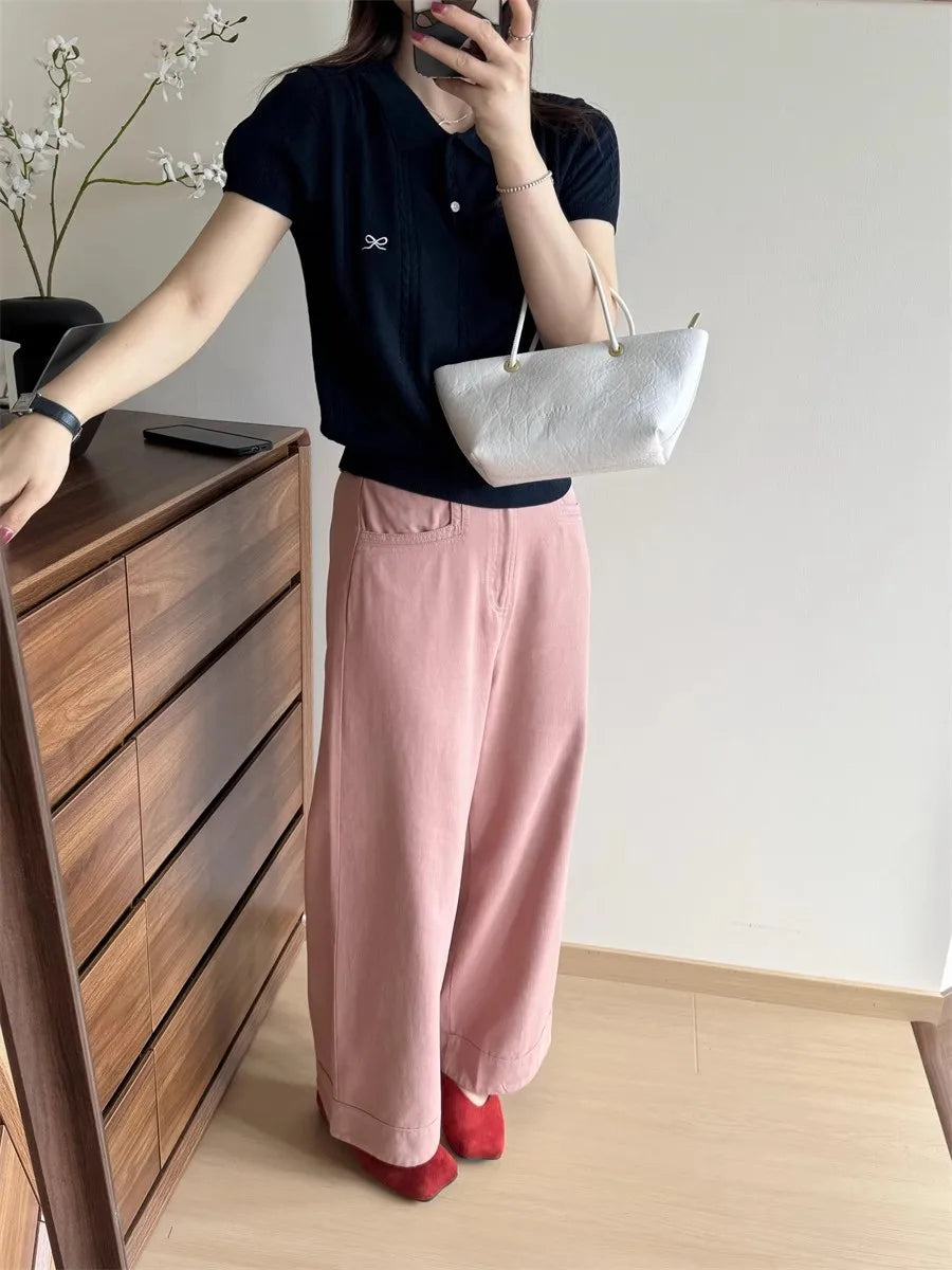 Sweet Bow Embroidered Knitted Polo Shirt For Women Short Sleeve