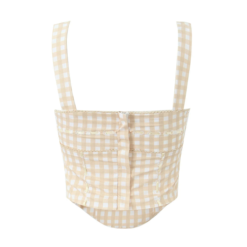 Pink Plaid Crop Top With Slash Collar