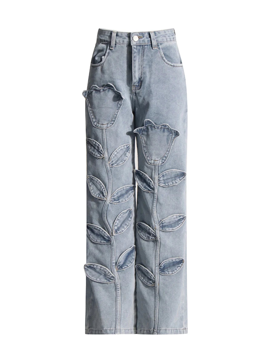 Floral Design Sense Casual Denim Trousers For Women High Waist Spliced Button  Loose Wide Leg Pants