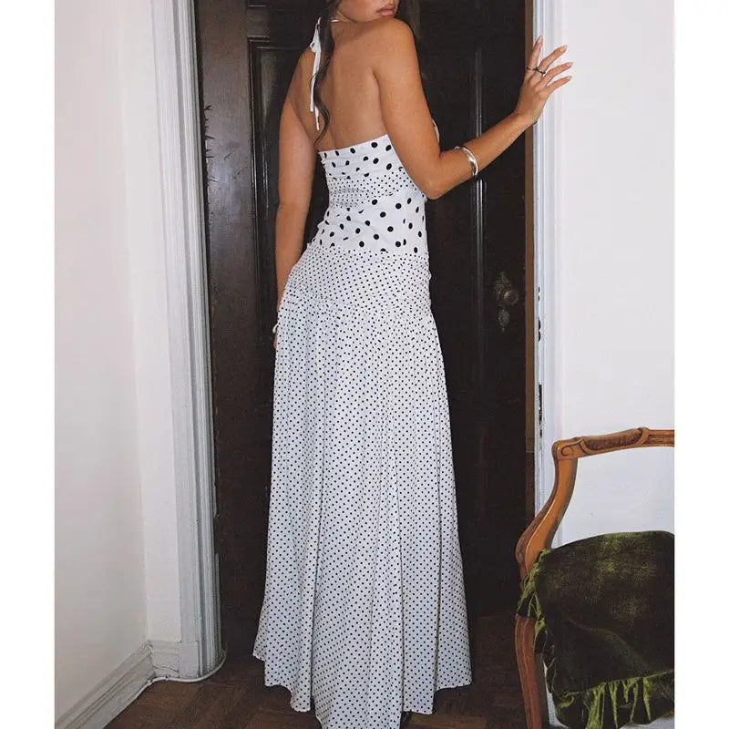 Halter Cami Maxi Dress With Backless Lace Up Ruched Dot Print And Ruffle Trim