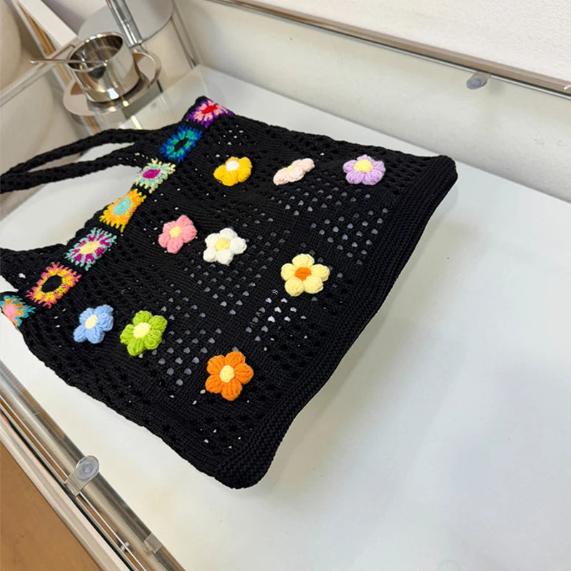 Boho Knitting Shoulder Bag With Floral Crochet