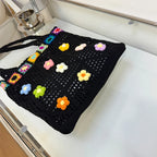 Boho Knitting Shoulder Bag With Floral Crochet