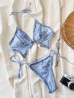 Denim Printed Tummy Cut Out Halter Women Swimwear One Piece