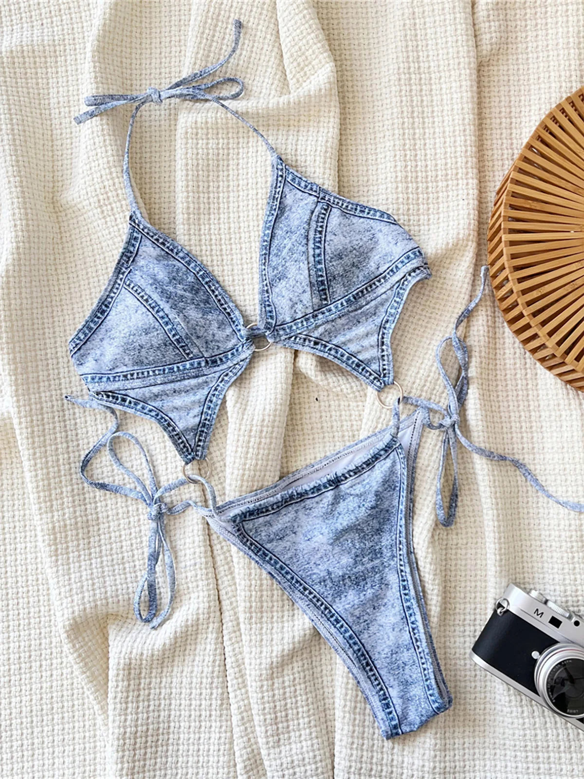 Denim Printed Tummy Cut Out Halter Women Swimwear One Piece