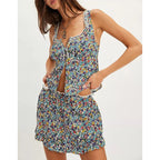 Floral Summer Two Piece Set With Frill Trim Square Neck Tank Top And Drawstring Ruffle Skirt