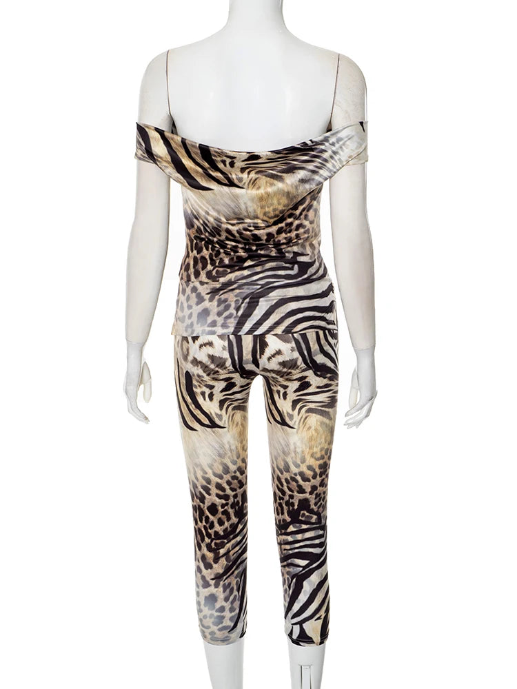 Leopard Print Two Piece Set For Women Slash Neck Backless Top And Hip Crop Pants