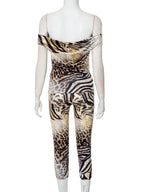 Leopard Print Two Piece Set For Women Slash Neck Backless Top And Hip Crop Pants