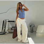 Street Style Mid Rise Wide Leg Denim Pants With Deep Pockets