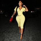 Two Piece Solid Color Set With Deep V Neck Ruched Crop Top And Capri Pants