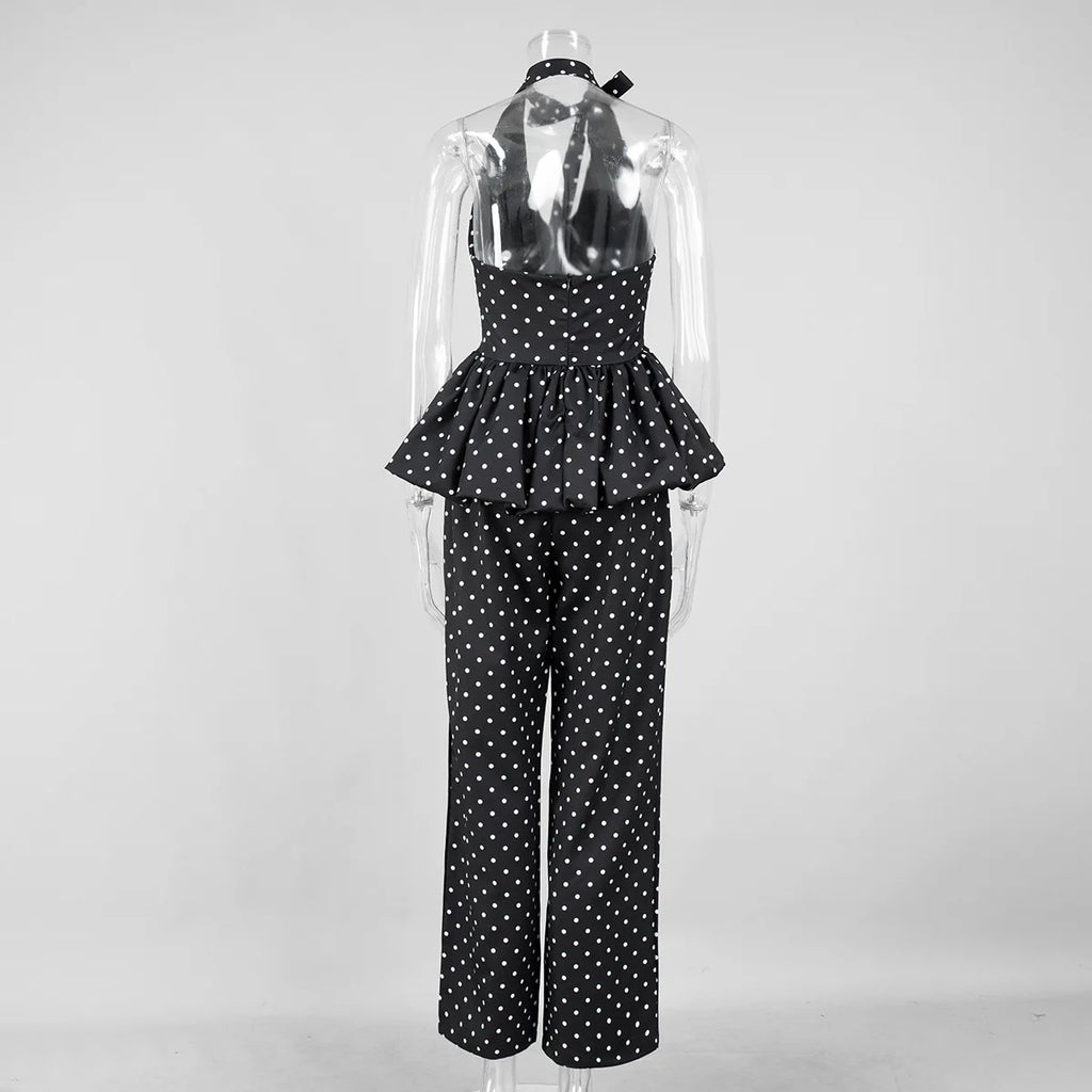 Dot Print Halter Top Set With Wide Leg Pants