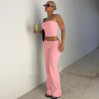 Strapless Crop Top And High Waist Ruched Flare Pants Set