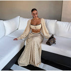 Polka Dot Two-piece Set Square Neck Puff Sleeve Cropped Top With Lace Trim Maxi Skirt