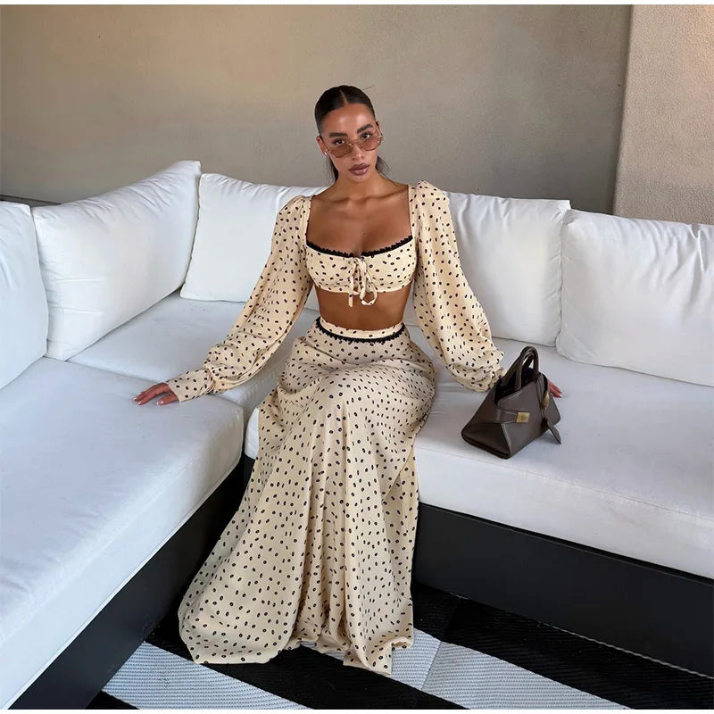 Polka Dot Two-piece Set Square Neck Puff Sleeve Cropped Top With Lace Trim Maxi Skirt