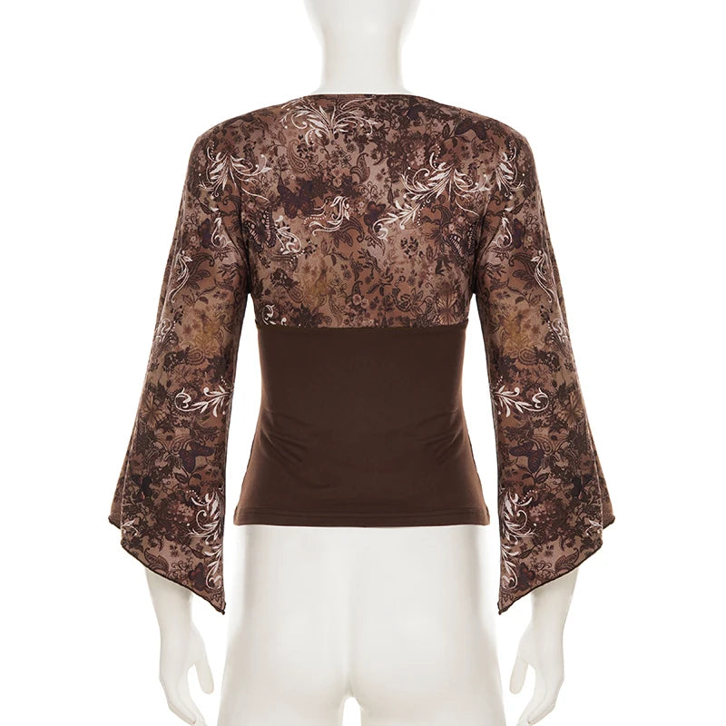 V Neck Patchwork Tee With Batwing Sleeves Retro Aesthetic Top