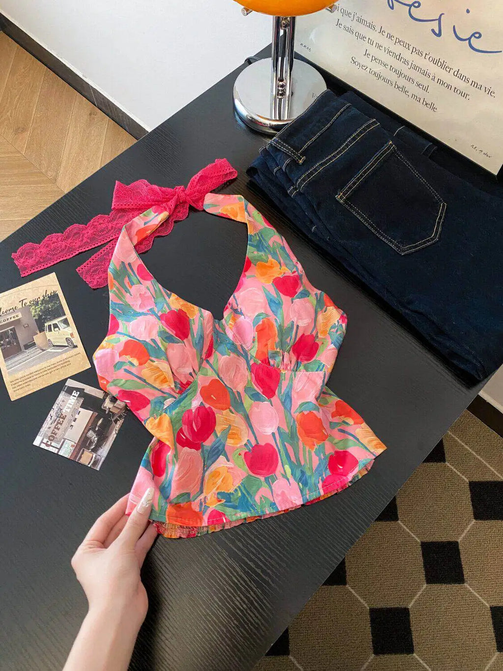 Retro Floral V Neck Halter Top