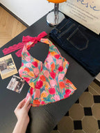 Retro Floral V Neck Halter Top