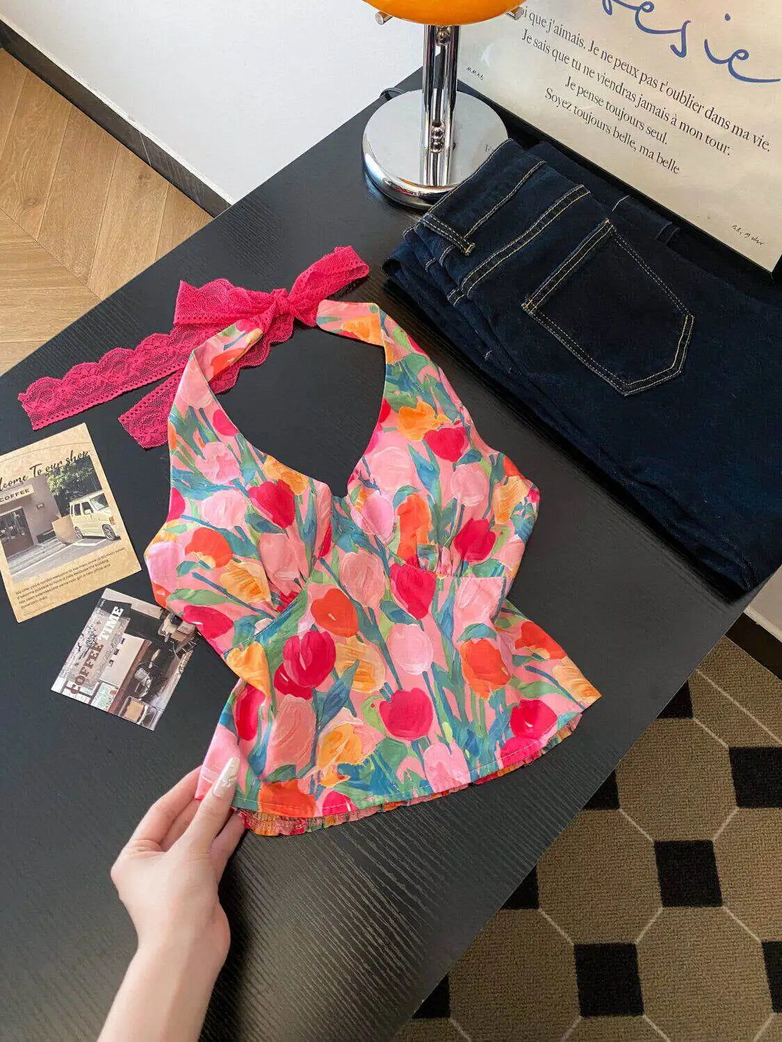 Retro Floral V Neck Halter Top