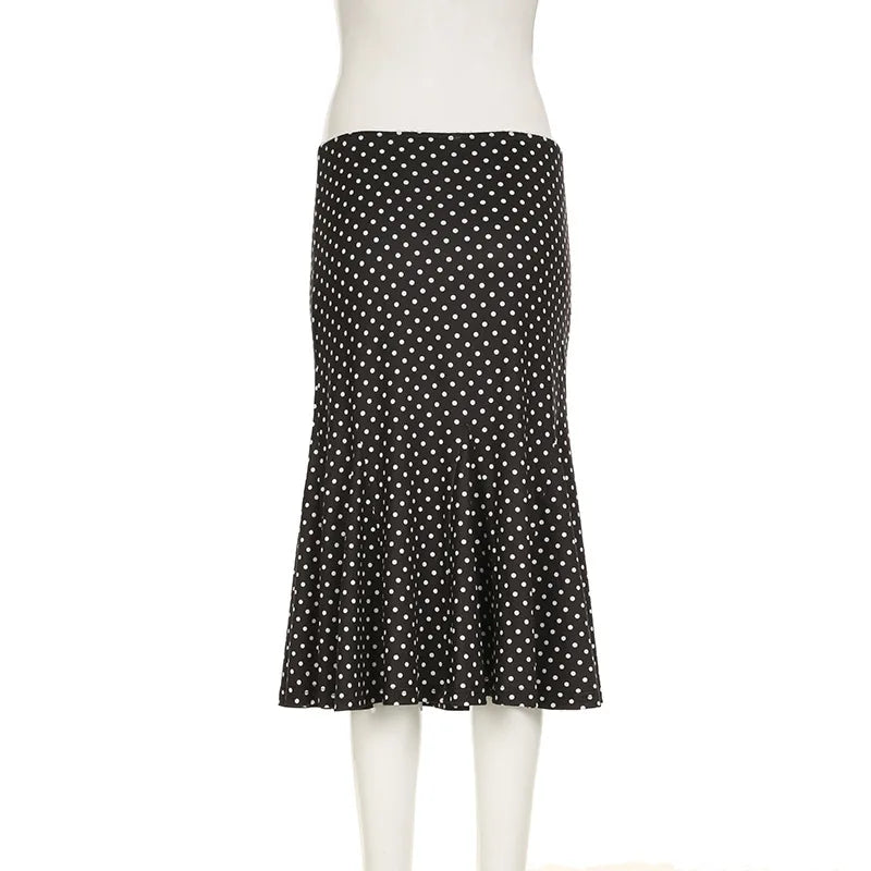 Black Polka Dot Print Midi Skirt With Low Waist Lightweight Knit