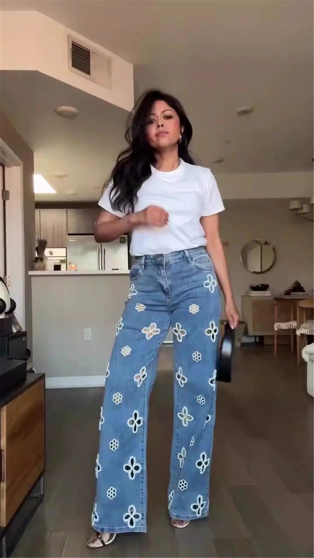 Glam Night Out Beaded Denim Jeans With Pearl Embellishments