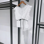 Sweet Lace V Neck Blouse With Ruffles And Flutter Sleeves