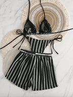 Retro Striped 3 Pieces Knitted Mesh String Bikini Set Swimsuit