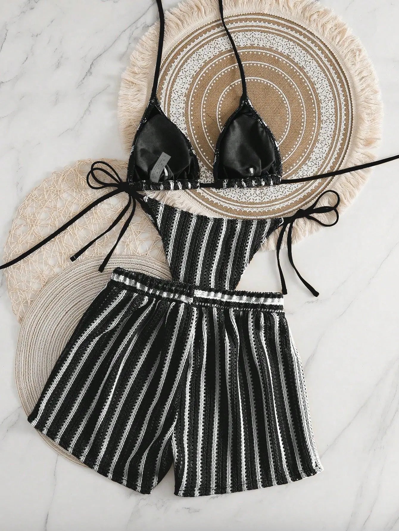 Retro Striped 3 Pieces Knitted Mesh String Bikini Set Swimsuit