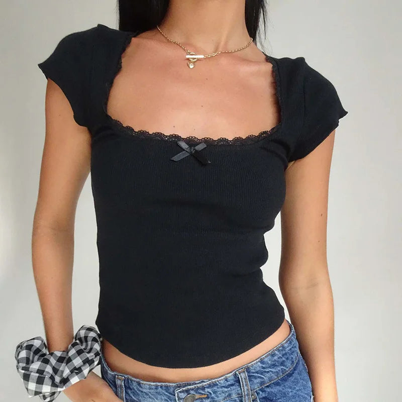 Vintage Cottagecore Knit Tee With Lace Trim And Square Neckline Milkmaid Crop Top