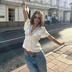 Lace Splicing Female Chic Bow Lace-up V Neck Short Sleeve Shirt