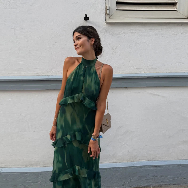 Gradient Flowy Chiffon Three Piece Set With Tube Top Tiered Skirt And Sheer Scarf