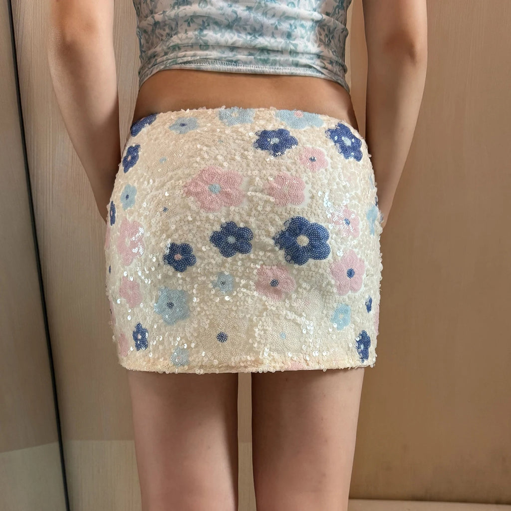 Colorful Floral Sequin Mini Skirt Low Waist Bodycon