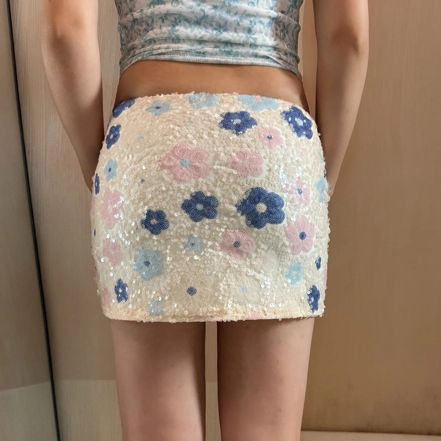 Colorful Floral Sequin Mini Skirt Low Waist Bodycon
