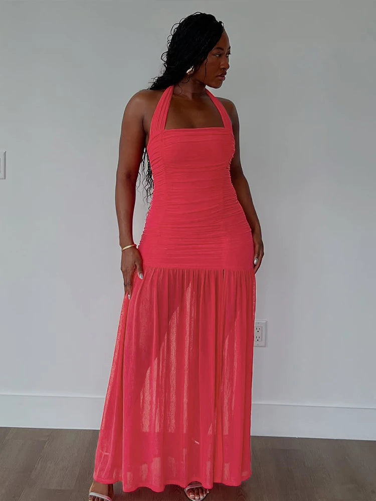 Nibber See Through Hem Halter Maxi Dress Backless Patchwork Bodycon