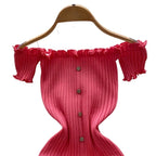 Off Shoulder Sundress With Ruffle Trim And Button Details