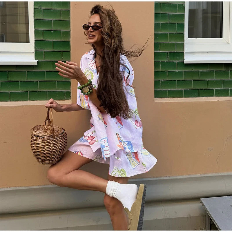 Dreamy Abstract Print Camp Collar Shirt And Shorts Matching Set