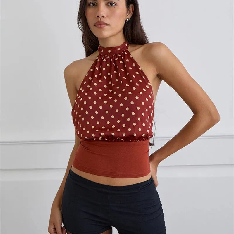 Vintage Open Back Halter Tank Top Dot Print Slim Fit Camisole